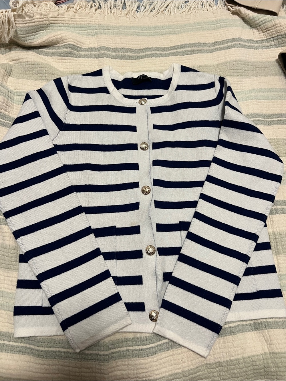 Tahari Navy and White Striped Knit Cardigan